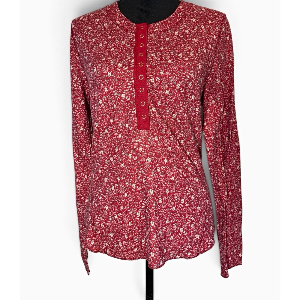 Natural Life Reagan Waffle Henley Top L Red Floral Snap Long Sleeve Boho Thermal
